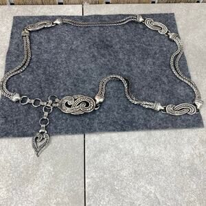 Brighton Womens Silver Tone Chain Belt Double Wheat Heart Metal Rare